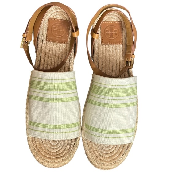 Tory Burch Shoes - TORY BURCH Elastic Awning Stripe
Espadrille Sandal Green and Ivory 9.5